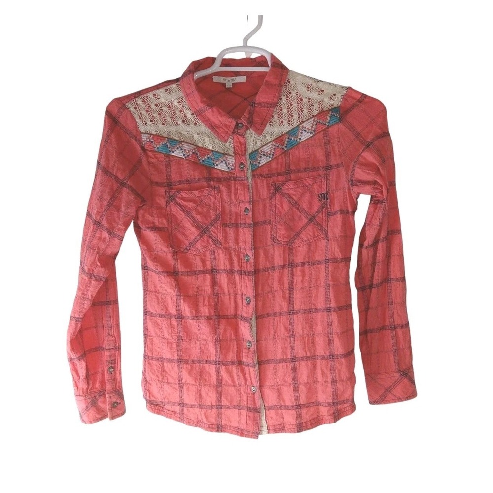 Miss Me Women's Pink Plaid Shirt Crochet & Beaded Accents Pocket Top size S